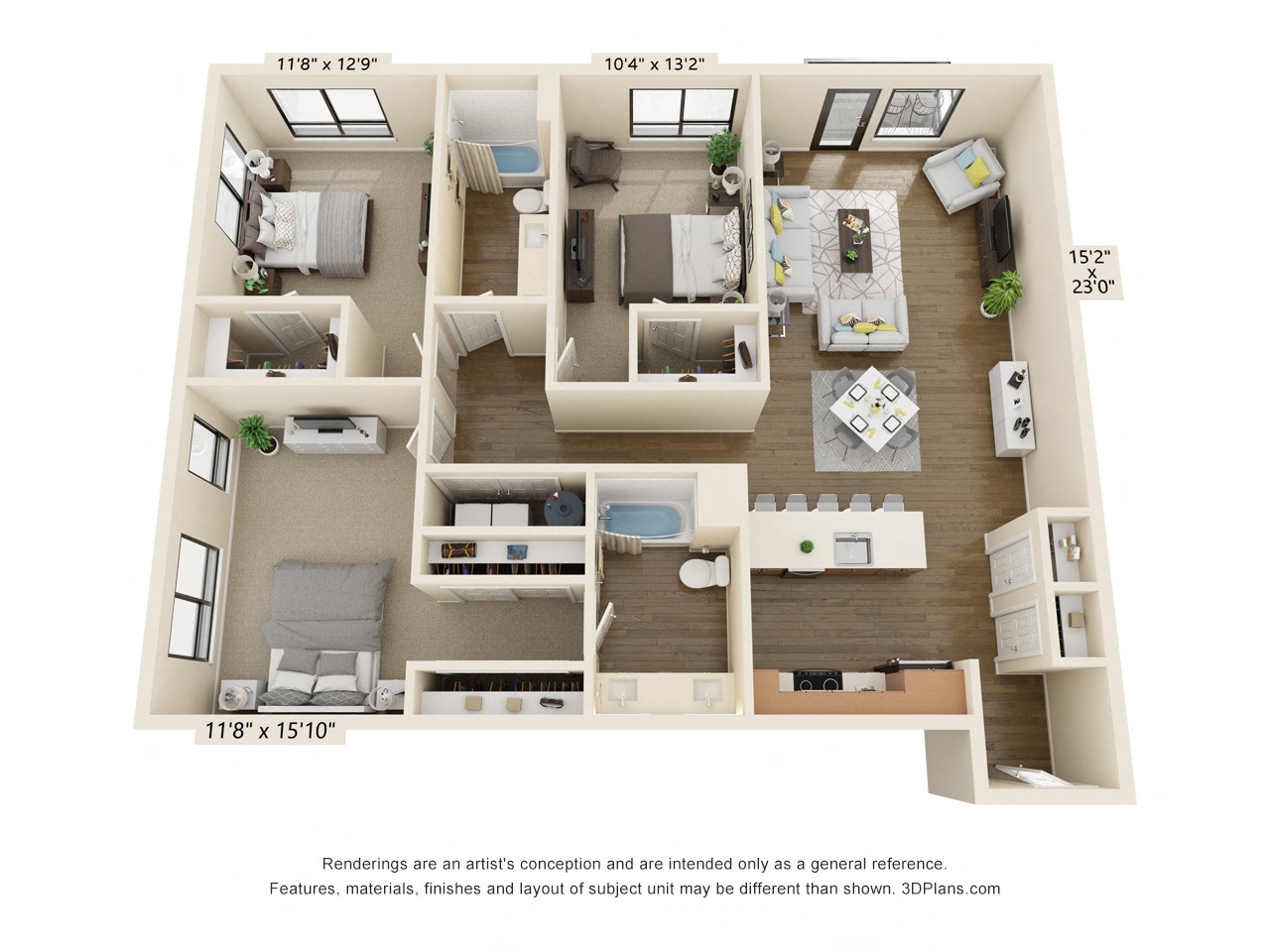 Floor plan for 3 beds, 2 baths, 1483 sqft